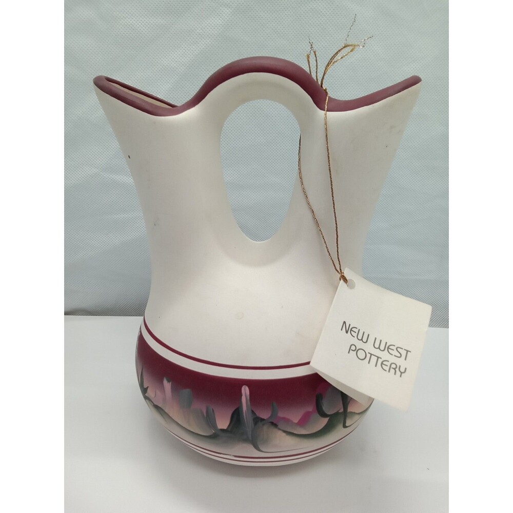 New‎ West Pottery Wedding Vase Hand Painted Maroon Desert Cactus Signed Numbered
